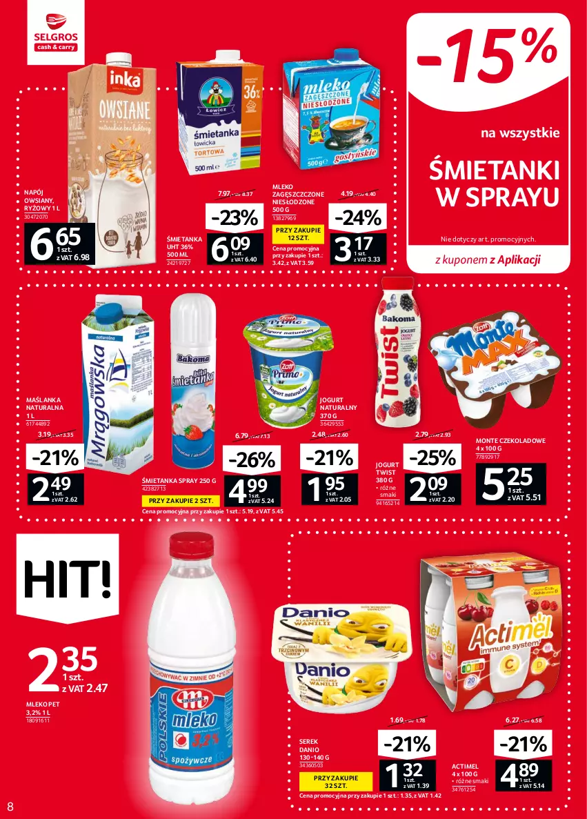 Gazetka promocyjna Selgros - Oferta spożywcza - ważna 16.09 do 29.09.2021 - strona 8 - produkty: Actimel, Danio, Jogurt, Jogurt naturalny, Maślanka, Mleko, Monte, Napój, Ryż, Ser, Serek