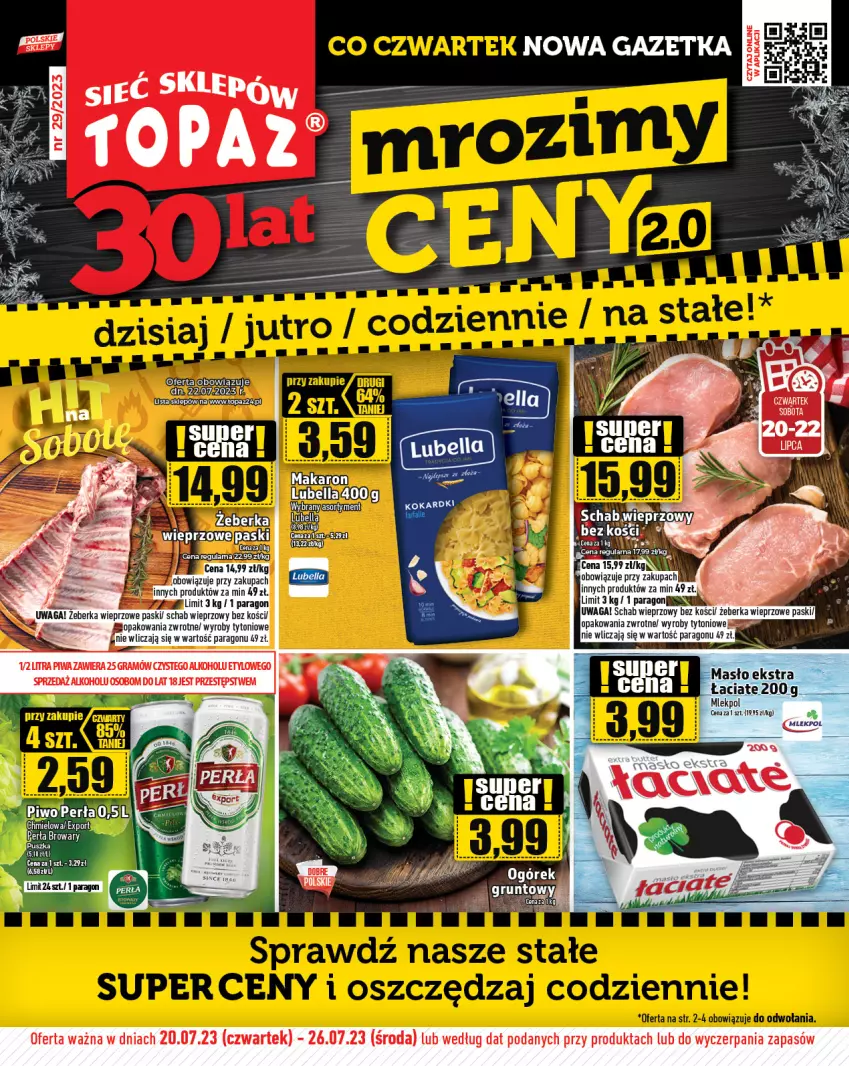 Gazetka promocyjna Topaz - Gazetka - ważna 20.07 do 26.07.2023 - strona 1 - produkty: Bell, Bella, Lubella, Makaron, Masło, Perła, Piwo, Por, Top