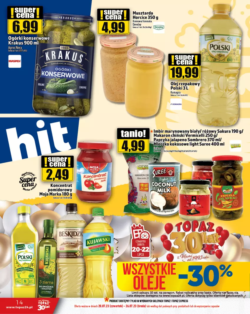 Gazetka promocyjna Topaz - Gazetka - ważna 20.07 do 26.07.2023 - strona 14 - produkty: Gra, Imbir, Kokos, Koncentrat pomidorowy, Krakus, Makaron, Makaron chiński, Mleczko, Mus, Musztarda, Olej, Papryka, Sałat, Top