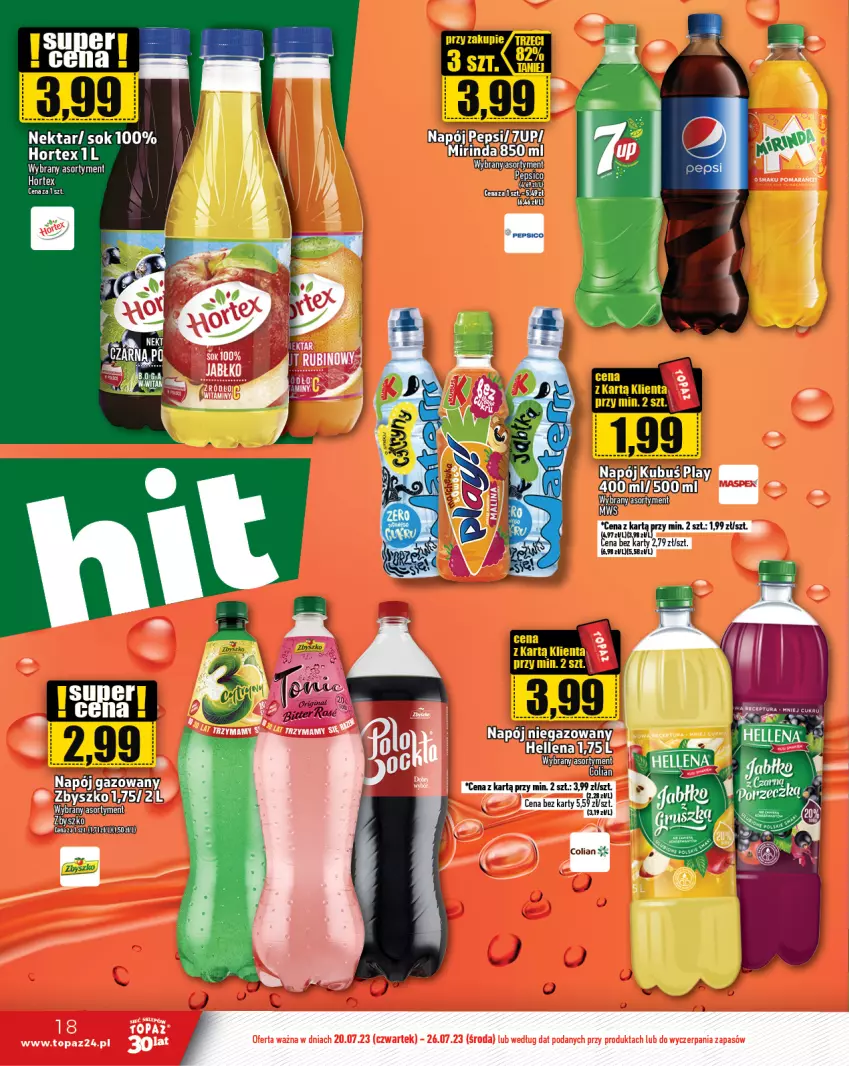 Gazetka promocyjna Topaz - Gazetka - ważna 20.07 do 26.07.2023 - strona 18 - produkty: 7up, Kubuś, Mirinda, Napój, Nektar, Pepsi, Sok, Top