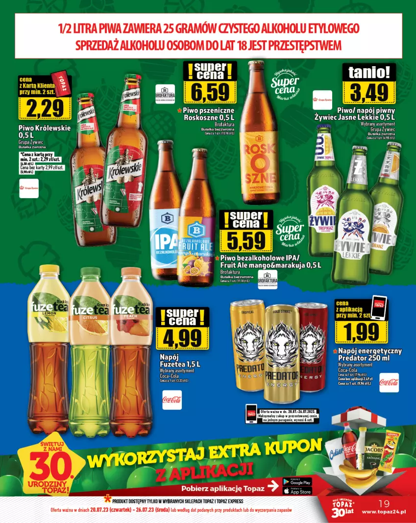 Gazetka promocyjna Topaz - Gazetka - ważna 20.07 do 26.07.2023 - strona 19 - produkty: Coca-Cola, Fa, Gra, Kosz, Królewski, Mango, Napój, Napój energetyczny, Piwa, Piwo, Top