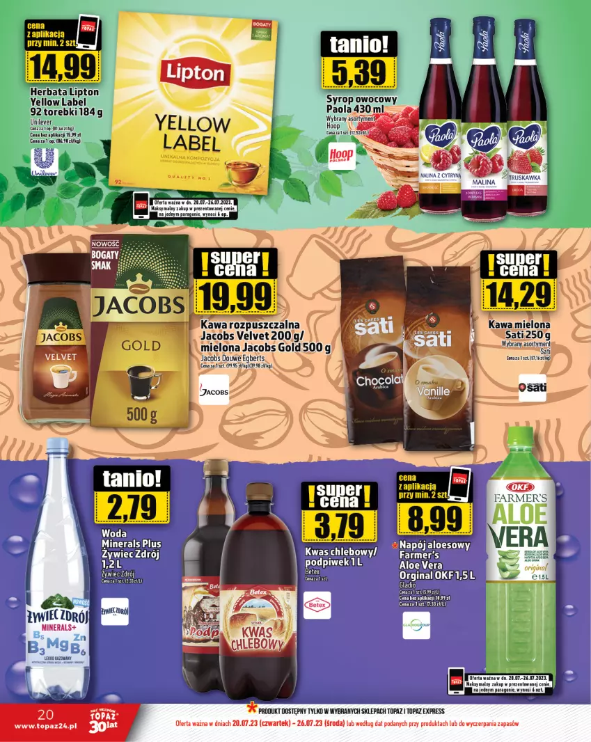 Gazetka promocyjna Topaz - Gazetka - ważna 20.07 do 26.07.2023 - strona 20 - produkty: BIC, Chleb, Fa, Gin, Herbata, Jacobs, Jacobs Velvet, Kawa, Kawa rozpuszczalna, Lipton, Top, Velvet