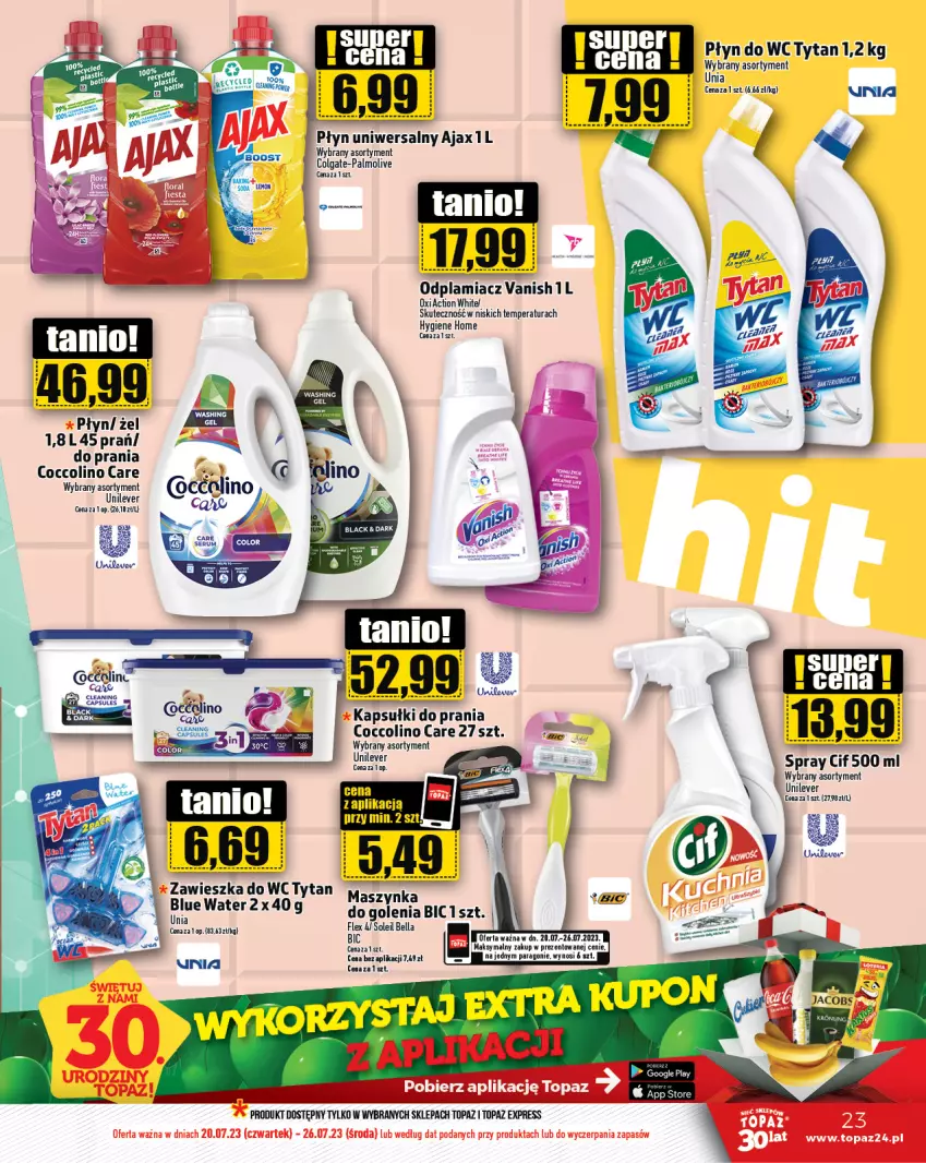 Gazetka promocyjna Topaz - Gazetka - ważna 20.07 do 26.07.2023 - strona 23 - produkty: Ajax, Bell, Bella, BIC, Cif, Coccolino, Colgate, Kapsułki do prania, Koc, LG, Maszynka, Odplamiacz, Palmolive, Płyn do wc, Szynka, Top, Tytan, Vanish, Zawieszka do wc