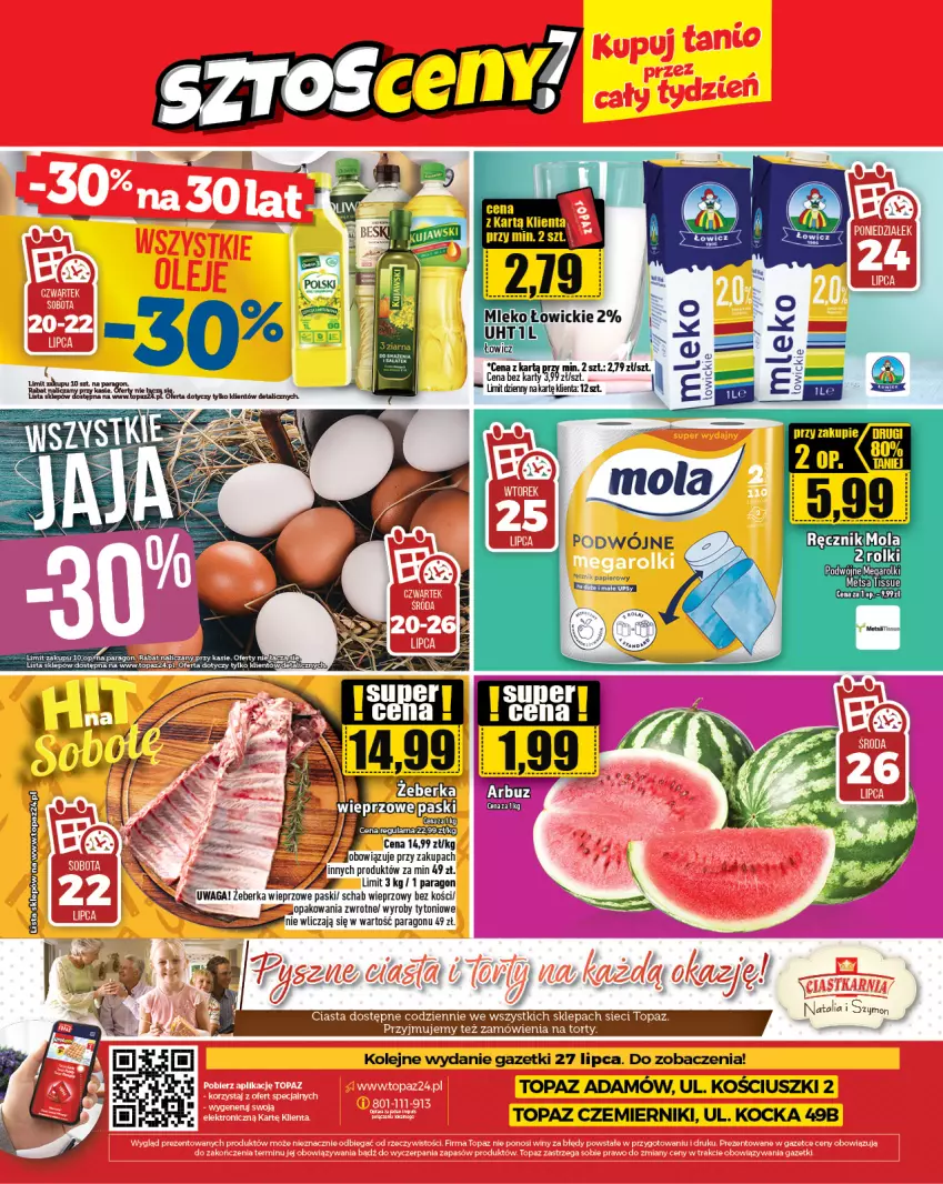 Gazetka promocyjna Topaz - Gazetka - ważna 20.07 do 26.07.2023 - strona 24 - produkty: Koc, Mleko, Mola, Olej, Ręcznik, Rolki, Schab wieprzowy, Top, Waga