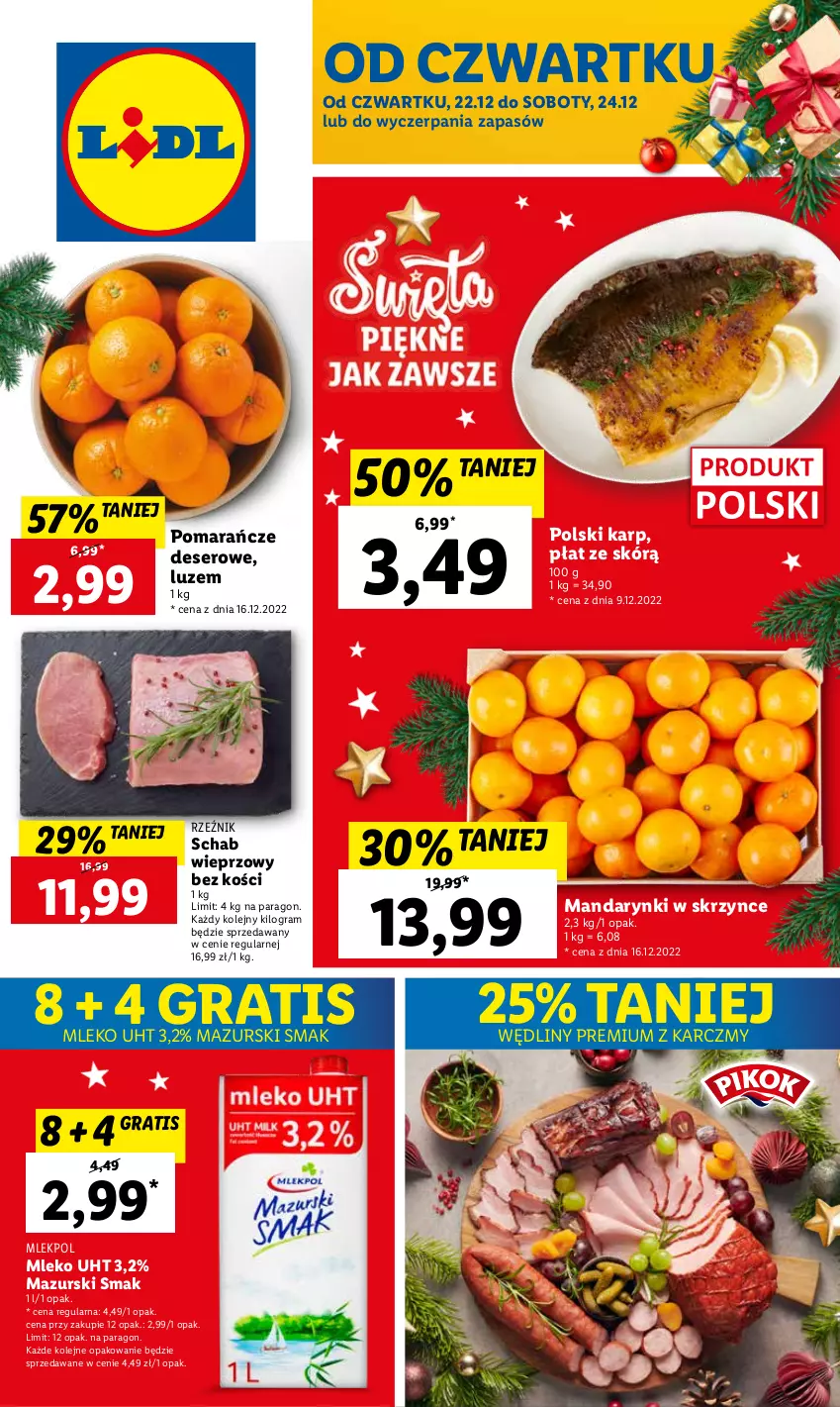 Gazetka promocyjna Lidl - GAZETKA - ważna 22.12 do 24.12.2022 - strona 1 - produkty: Deser, Gra, Karp, Mandarynki, Mleko, Olej, Pomarańcze, Schab wieprzowy, Ser