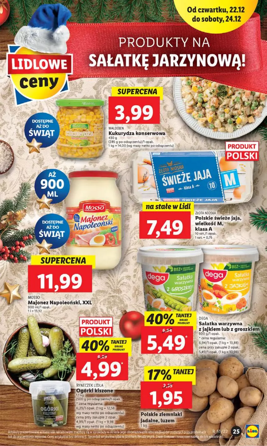 Gazetka promocyjna Lidl - GAZETKA - ważna 22.12 do 24.12.2022 - strona 29 - produkty: Dega, Jaja, Kukurydza, Kukurydza konserwowa, Majonez, Oleo, Sałat, Sałatka, Sałatka warzywna, Ser