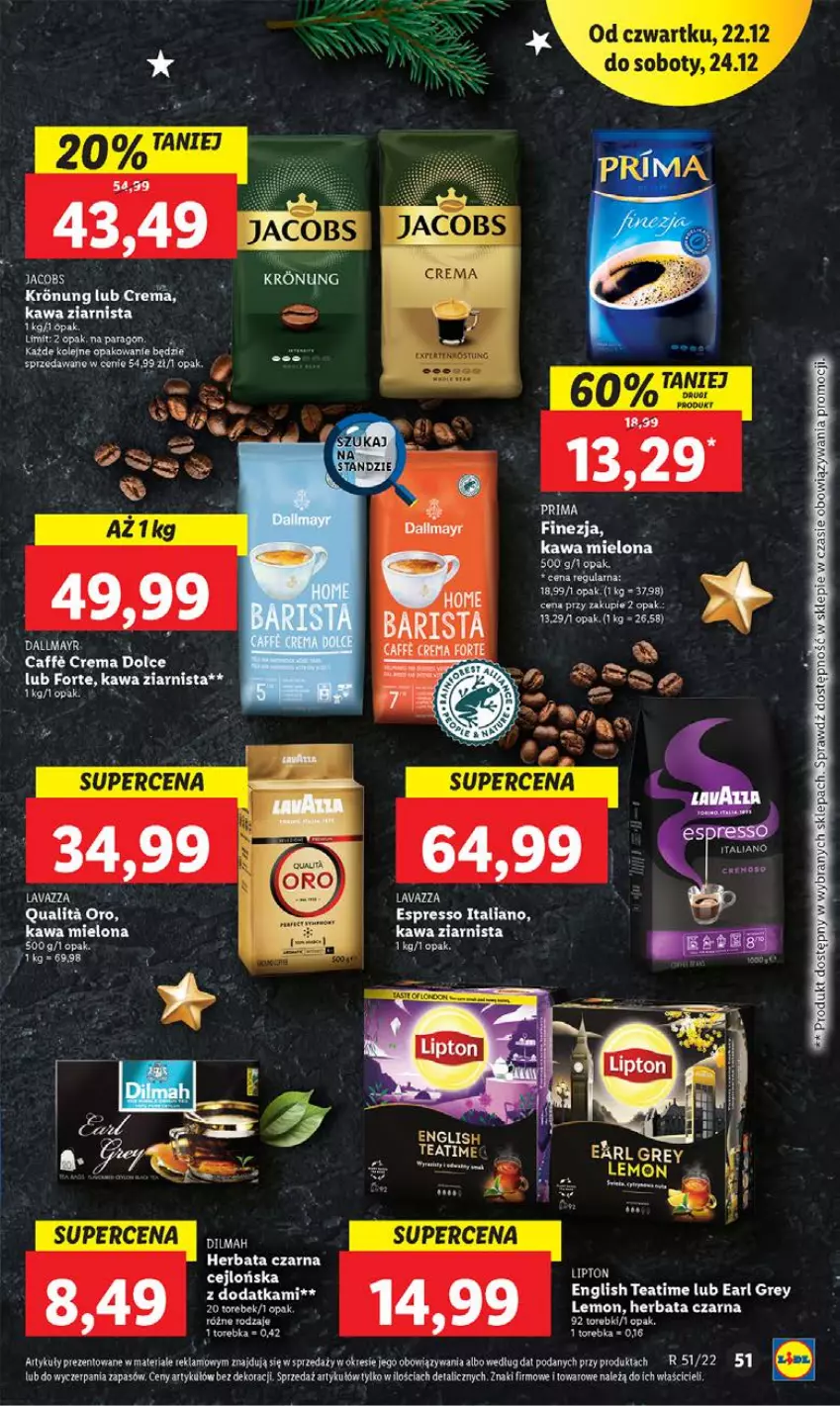 Gazetka promocyjna Lidl - GAZETKA - ważna 22.12 do 24.12.2022 - strona 63 - produkty: Ba!, Earl Grey, Kawa, Kawa mielona, Kawa ziarnista, Lavazza, Olej, Prima, Torebka