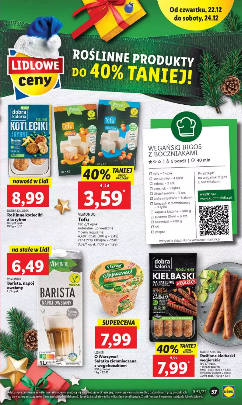 Gazetka promocyjna Lidl - GAZETKA - ważna 22.12 do 24.12.2022 - strona 72 - produkty: Bigos, Boczniak, Kuchnia, Laur, Lisner, Napój, Pieprz, Por, Roślinne kiełbaski, Sałat, Sałatka, Tofu