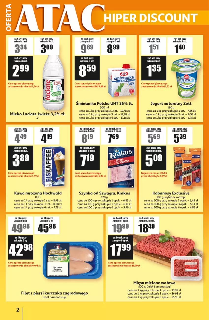 Gazetka promocyjna Auchan - Gazetka ATAC Hiper Discount - ważna 15.07 do 05.08.2026 - strona 2 - produkty: Fa, Filet z piersi kurczaka, Gra, Jogurt, Jogurt naturalny, Kabanos, Kawa, Krakus, Kurczak, Mięso, Mięso mielone, Mleko, Szynka, Zott