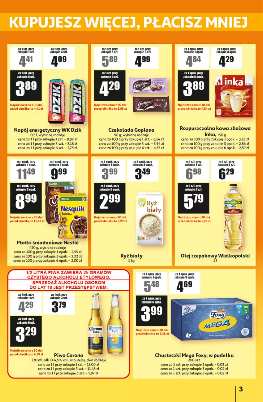 Gazetka promocyjna Auchan - Gazetka ATAC Hiper Discount - ważna 15.07 do 05.08.2026 - strona 3 - produkty: Chusteczki, Czekolada, Danio, Foxy, Goplana, Inka, Kawa, Kawa zbożowa, LANA, Napój, Napój energetyczny, Olej, Olej rzepakowy, Piwo, Ryż, Ryż biały