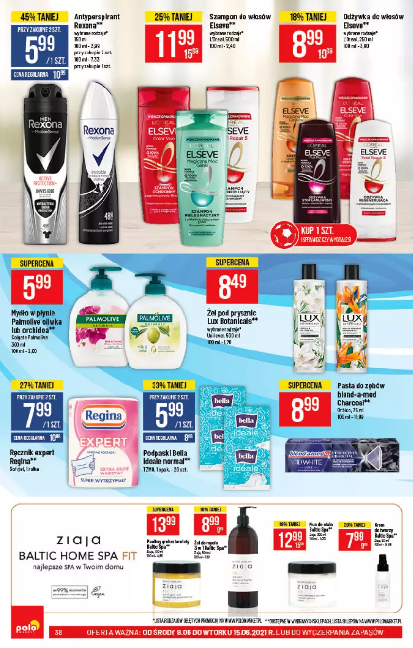 Gazetka promocyjna PoloMarket - Gazetka promocyjna - ważna 09.06 do 15.06.2021 - strona 38 - produkty: Antyperspirant, Bell, Bella, BIC, Blend-a-Med, Dior, Elseve, Gin, Mydło, Mydło w płynie, Odżywka, Palmolive, Pasta do zębów, Podpaski, Ręcznik, Rexona, Szampon, Ziaja