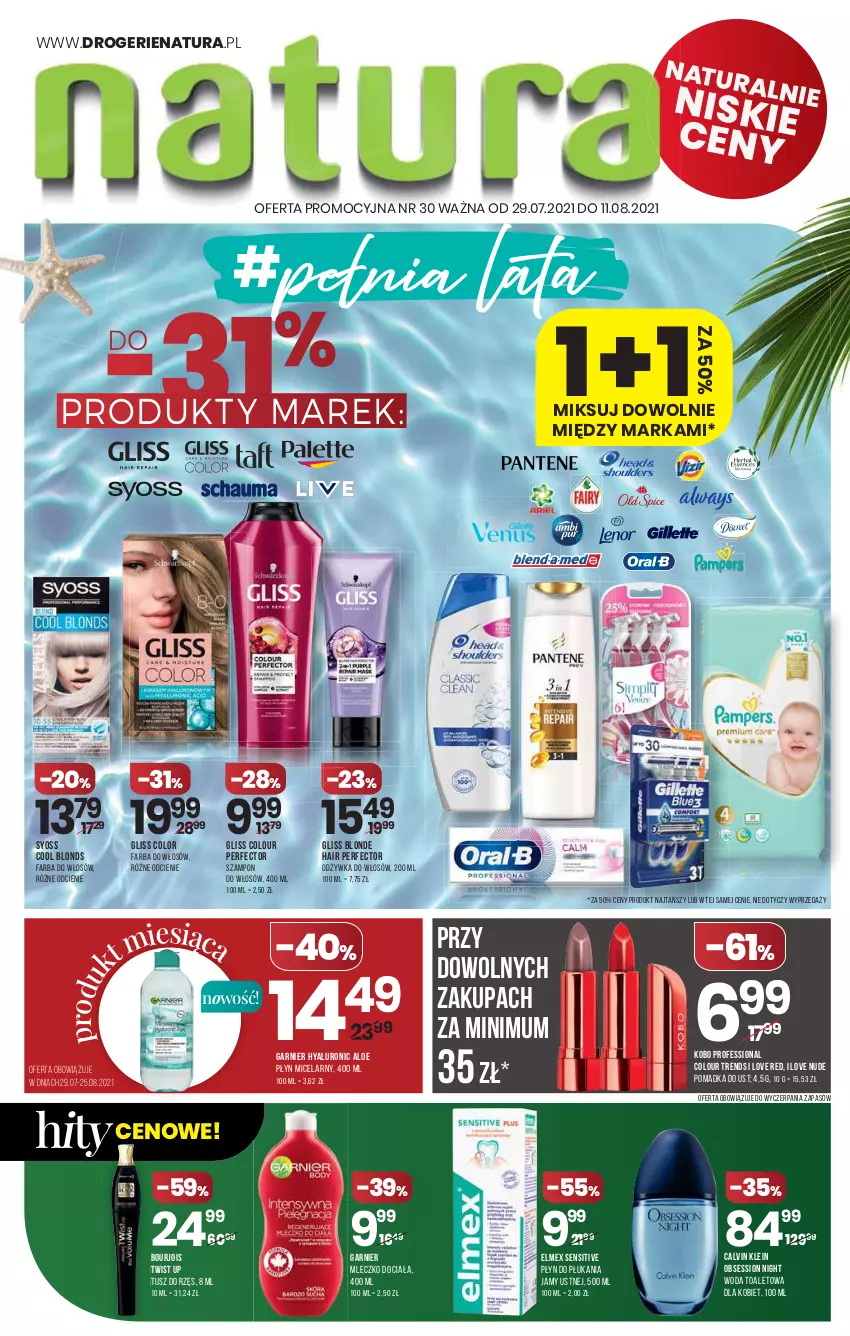 Gazetka promocyjna Drogerie Natura - Gazetka Drogerie Natura - ważna 29.07 do 11.08.2021 - strona 1 - produkty: Bourjois, Calvin Klein, Elmex, Fa, Farba do włosów, Garnier, KOBO, Mleczko, Mleczko do ciała, Odżywka, Płyn do płukania, Płyn do płukania jamy ustnej, Płyn micelarny, SESSIO, Syoss, Szampon, Tusz, Woda, Woda toaletowa