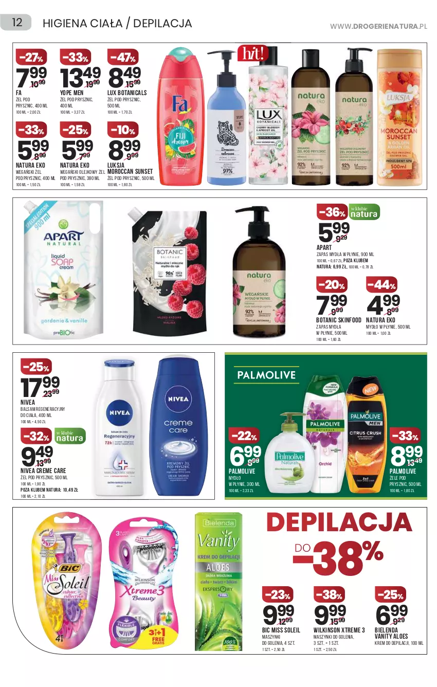 Gazetka promocyjna Drogerie Natura - Gazetka Drogerie Natura - ważna 29.07 do 11.08.2021 - strona 12 - produkty: BIC, Bielenda, Fa, Krem do depilacji, Luksja, Mydło, Mydło w płynie, Nivea, Olej, Palmolive, SKINFOOD, Yope, Zapas mydła w płynie