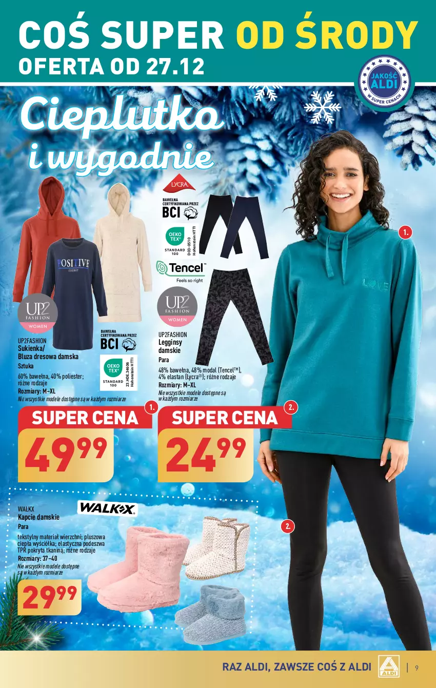 Gazetka promocyjna Aldi - Artykuły przemysłowe i tekstylia - ważna 27.12 do 30.12.2023 - strona 9 - produkty: Bluza, Bluza dresowa, Dres, Fa, Gin, Kapcie, Legginsy, Moda, Sukienka, Wełna