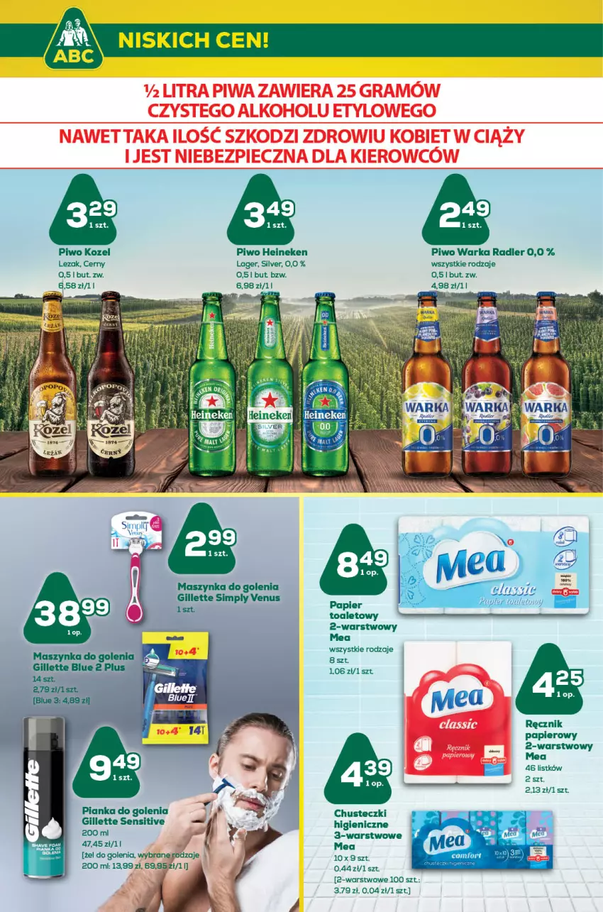 Gazetka promocyjna ABC - Gazetka - ważna 09.08 do 22.08.2022 - strona 12 - produkty: Chusteczki, Gillette, Heineken, Kozel, Papier, Pianka do golenia, Piwo, Radler, Ręcznik, Warka