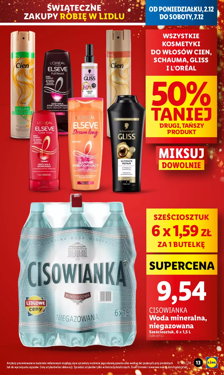 Gazetka promocyjna Lidl - GAZETKA - ważna 02.12 do 04.12.2024 - strona 13 - produkty: Cisowianka, L’Oréal, Schauma, Woda, Woda mineralna