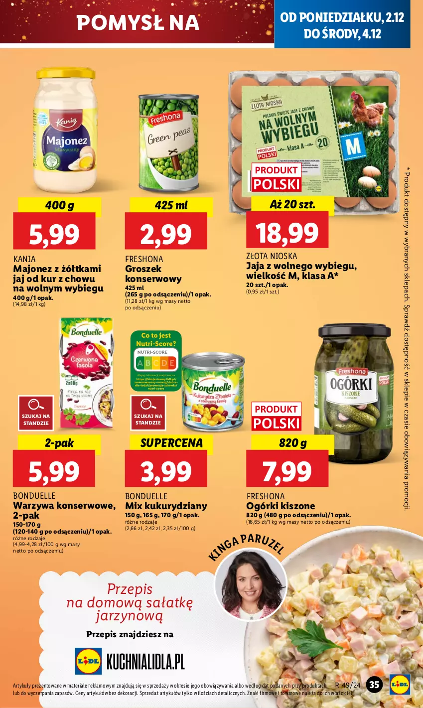 Gazetka promocyjna Lidl - GAZETKA - ważna 02.12 do 04.12.2024 - strona 37 - produkty: Bonduelle, Groszek, Jaja, Jaja z wolnego wybiegu, Majonez, Sałat, Ser, Warzywa, Warzywa konserwowe