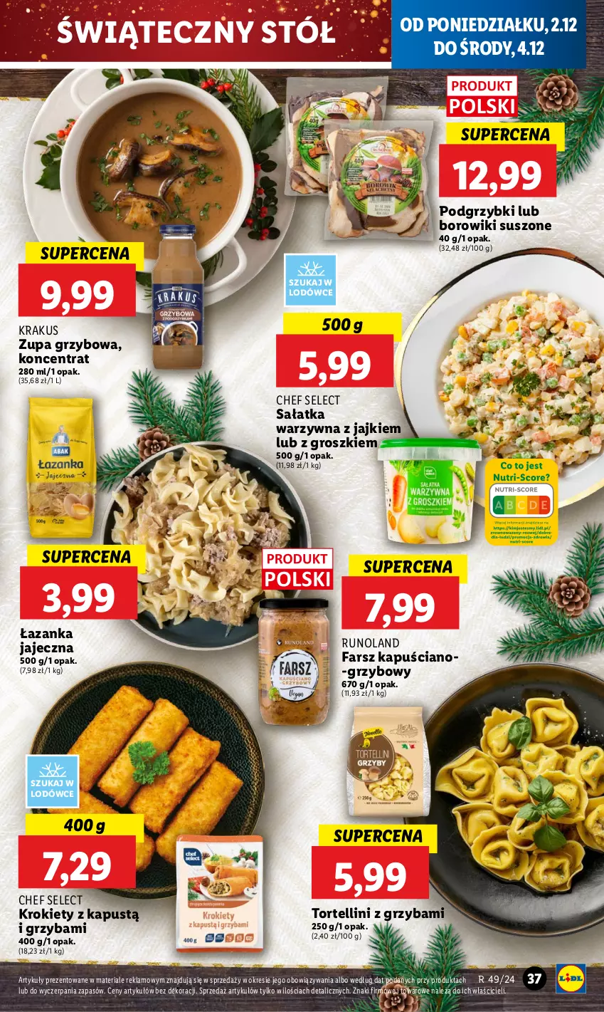 Gazetka promocyjna Lidl - GAZETKA - ważna 02.12 do 04.12.2024 - strona 39 - produkty: Borowiki, Fa, Kapustą, Krakus, Krokiety, Podgrzybki, Runoland, Sałat, Sałatka, Sałatka warzywna, Stół, Zupa