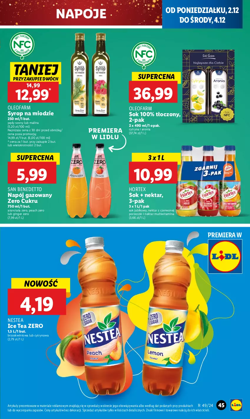 Gazetka promocyjna Lidl - GAZETKA - ważna 02.12 do 04.12.2024 - strona 47 - produkty: Aronia, Fa, Gin, Hortex, Ice tea, Napój, Napój gazowany, Napoje, Nektar, Nestea, Oleo, Oleofarm, Por, Sok, Sok jabłkowy, Sos, Syrop