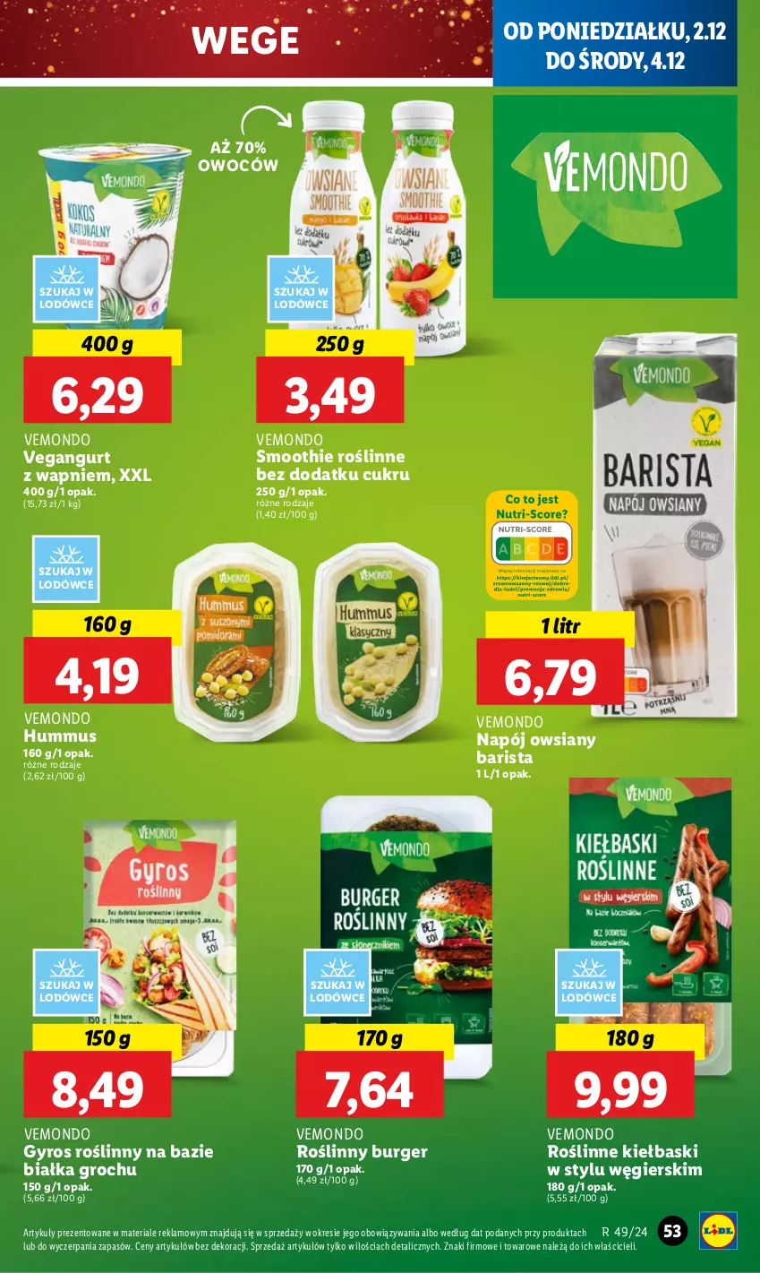 Gazetka promocyjna Lidl - GAZETKA - ważna 02.12 do 04.12.2024 - strona 57 - produkty: Burger, Groch, Gyros, Hummus, Mus, Napój, Roślinne kiełbaski, Roślinny burger, Smoothie, Vegangurt