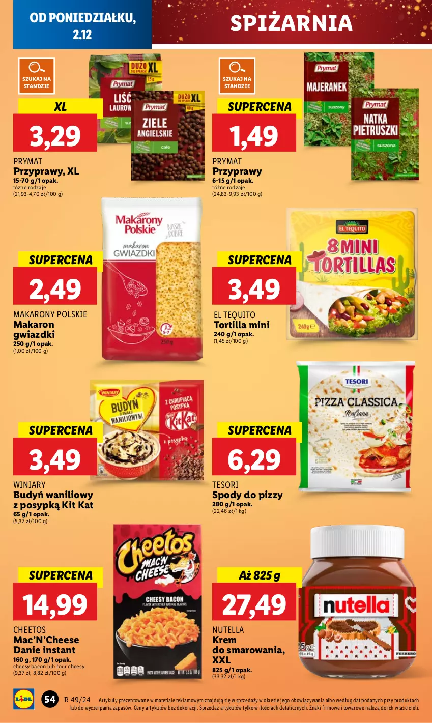 Gazetka promocyjna Lidl - GAZETKA - ważna 02.12 do 04.12.2024 - strona 58 - produkty: Budyń, Cheetos, Kit Kat, Makaron, Nutella, Prymat, Przyprawy, Tortilla, Winiary