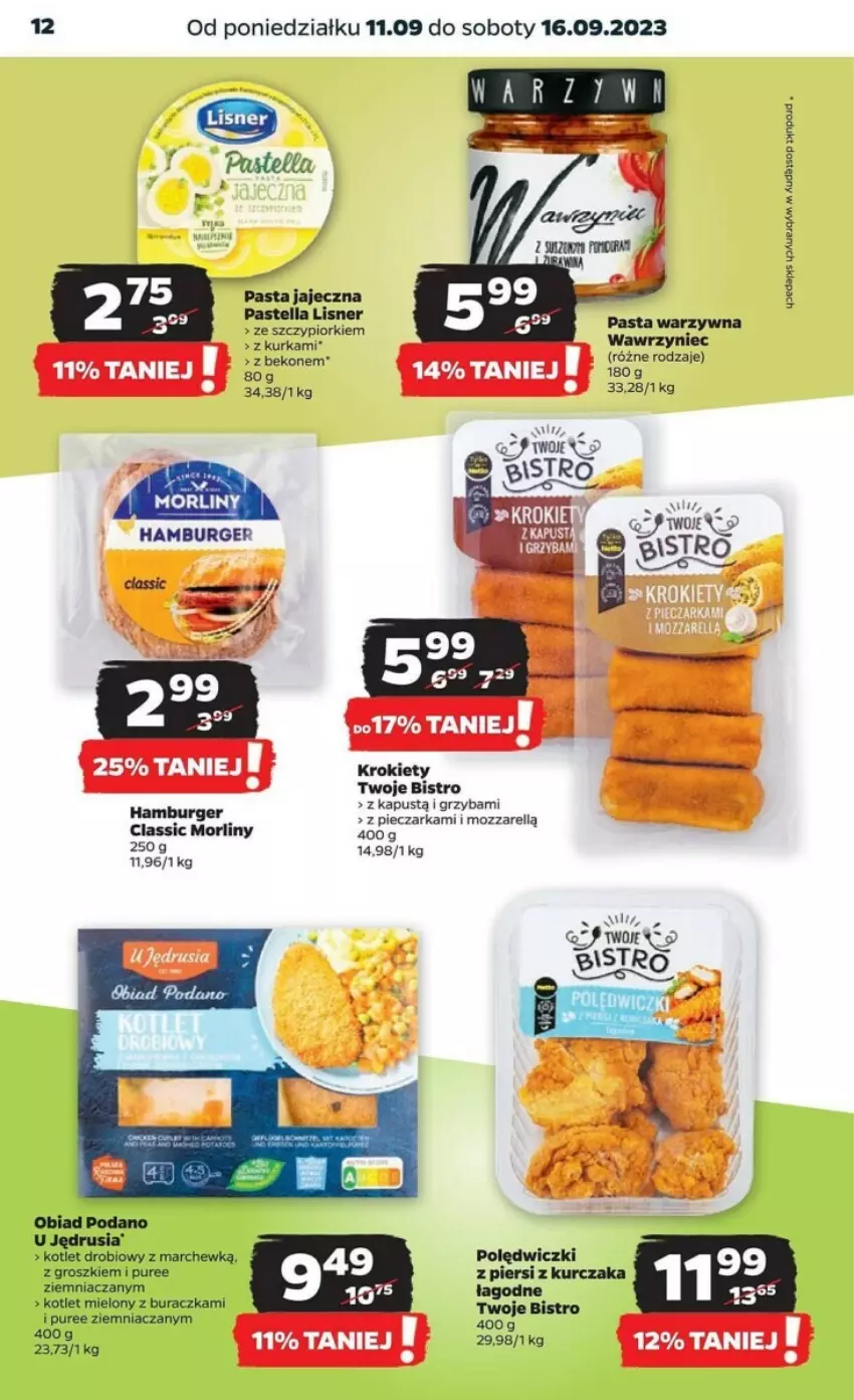 Gazetka promocyjna Netto - ważna 11.09 do 16.09.2023 - strona 4 - produkty: Beko, Burger, Hamburger, Kapustą, Kotlet, Krokiety, Kurczak, Lisner, Morliny, Pasta warzywna, Pastella, Piec, Pieczarka, Pur