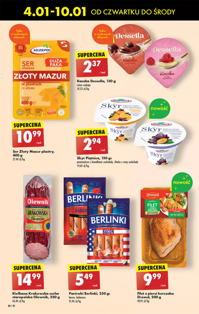 Gazetka promocyjna Biedronka - Od czwartku - ważna 04.01 do 10.01.2024 - strona 48 - produkty: Berlinki, Filet z piersi kurczaka, Kawa, Kiełbasa, Kiełbasa krakowska, Kurczak, Olewnik, Parówki, Piątnica, Ser, Złoty Mazur