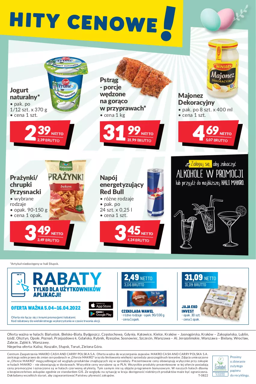 Gazetka promocyjna Makro - [Oferta promocyjna] Artykuły spożywcze i przemysłowe - ważna 05.04 do 18.04.2022 - strona 20 - produkty: Chrupki, Czekolada, Gra, Jaja, Jogurt, Jogurt naturalny, Kosz, Majonez, Napój, Papier, Piec, Por, Przysnacki, Pstrąg, Red Bull, Rum, Sos, Szal, Wawel