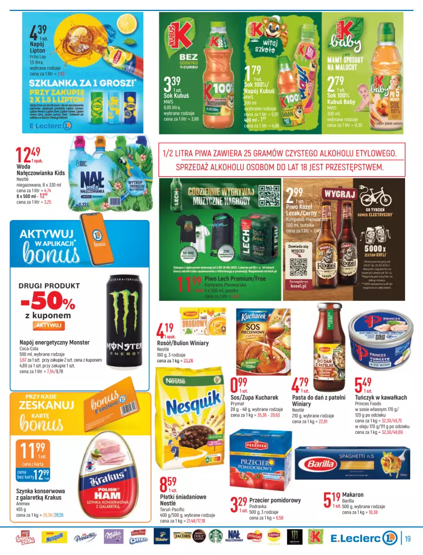 Gazetka promocyjna E Leclerc - ważna 16.08 do 28.08.2022 - strona 19 - produkty: Bulion, Cif, Coca-Cola, Danio, Gala, Kawa, Krakus, Kubuś, Kucharek, Lion, Makaron, Nałęczowianka, Napój, Napój energetyczny, Olej, Podravka, Por, Prymat, Rosół, Ser, Sok, Sos, Szklanka, Szynka, Szynka konserwowa, Tuńczyk, Winiary, Woda, Zupa