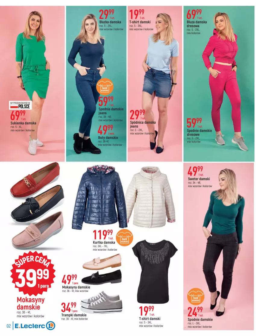 Gazetka promocyjna E Leclerc - ważna 16.08 do 28.08.2022 - strona 2 - produkty: Bluza, Buty, Dres, Kurtka, Mokasyny, Spódnica, Spodnie, Sukienka, Sweter, T-shirt, Trampki