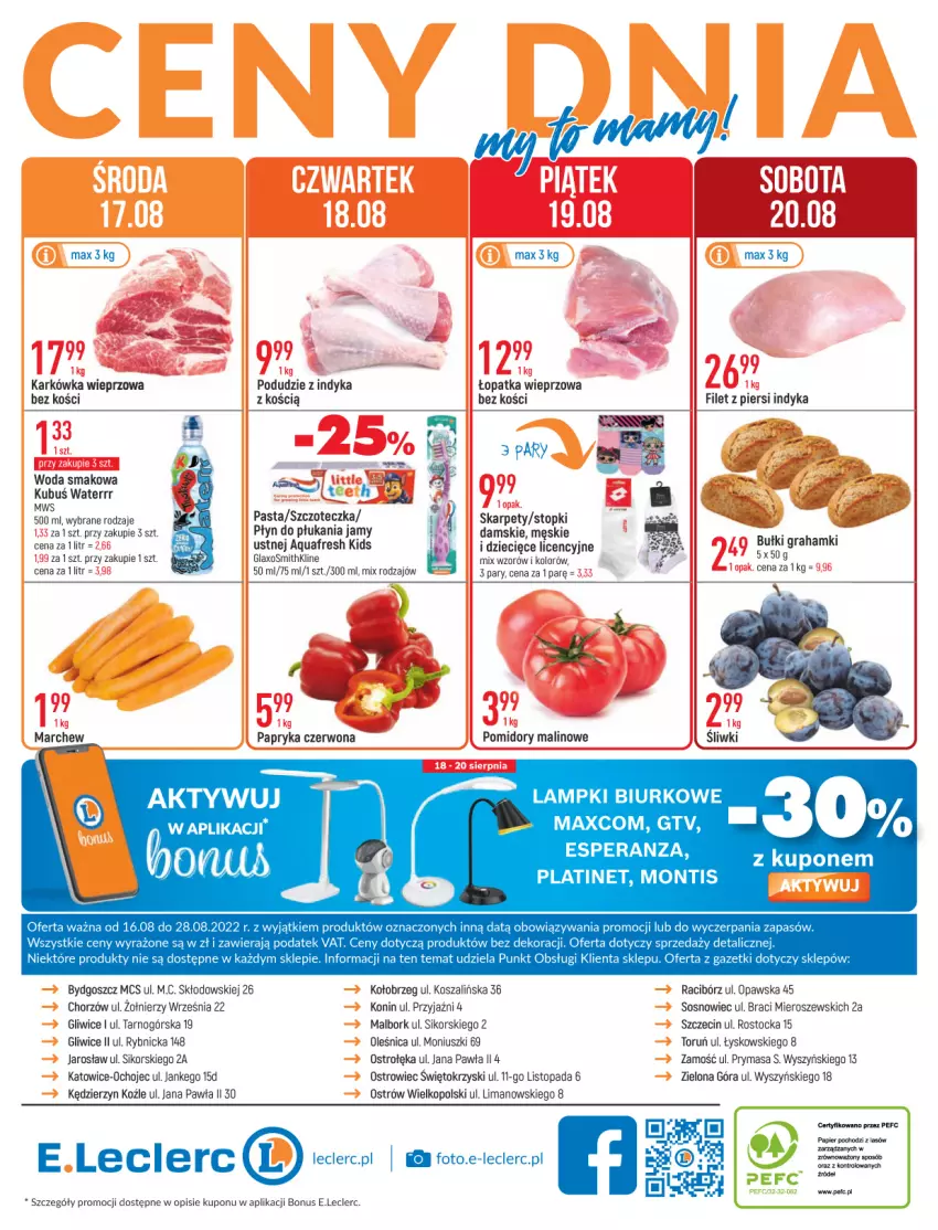 Gazetka promocyjna E Leclerc - ważna 16.08 do 28.08.2022 - strona 24 - produkty: Aquafresh, Biurko, Dzieci, Gra, Karkówka wieprzowa, Karp, Kosz, Papier, Papryka, Papryka czerwona, PLATINET, Płyn do płukania, Pomidory, Sos, Stock, Szal, Szczoteczka, Top, Woda