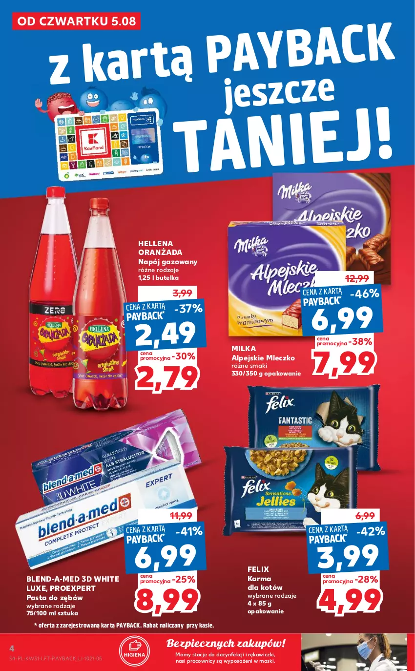 Gazetka promocyjna Kaufland - OFERTA TYGODNIA - ważna 05.08 do 11.08.2021 - strona 4 - produkty: Blend-a-Med, Felix, Hellena, Milka, Mleczko, Napój, Napój gazowany, Oranżada, Pasta do zębów, Piec