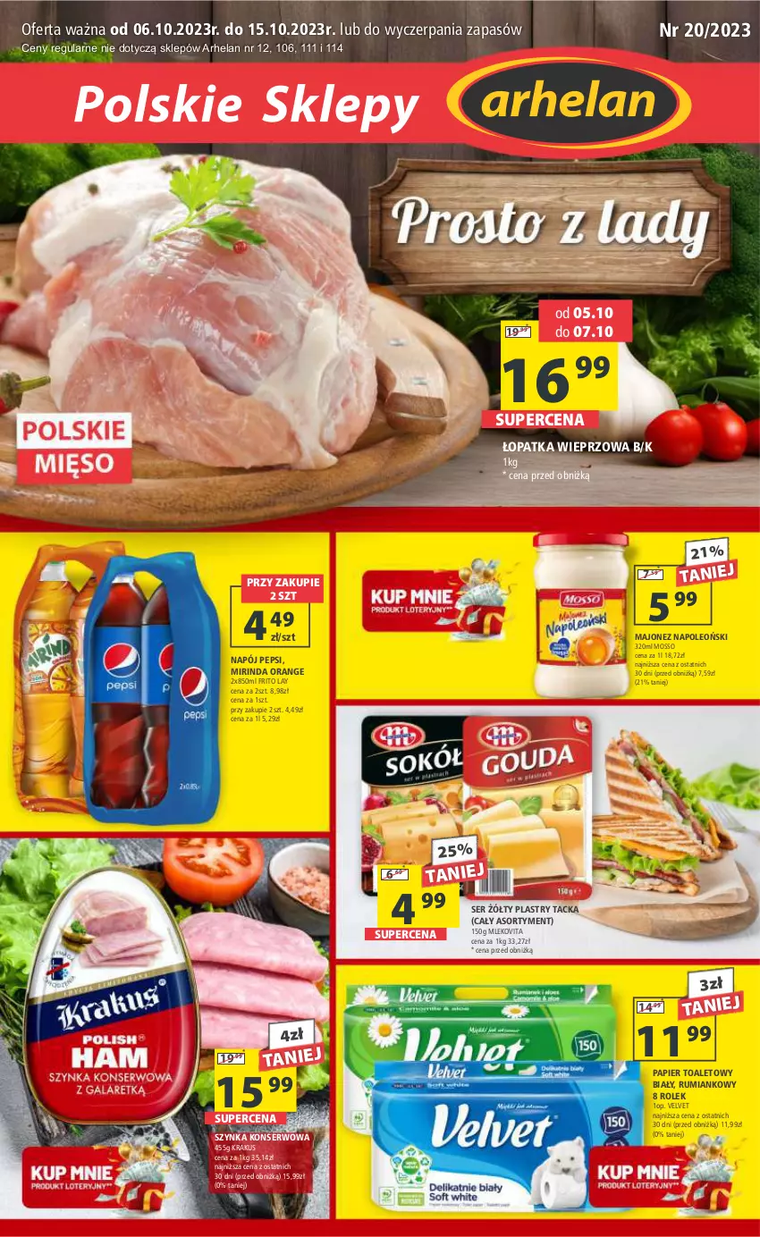 Gazetka promocyjna Arhelan - Gazetka - ważna 06.10 do 15.10.2023 - strona 1 - produkty: Krakus, Majonez, Mirinda, Mleko, Mlekovita, Napój, Oleo, Papier, Papier toaletowy, Pepsi, Rum, Ser, Szynka, Szynka konserwowa, Velvet, Vita C