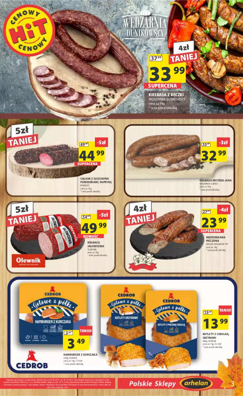 Gazetka promocyjna Arhelan - Gazetka - ważna 06.10 do 15.10.2023 - strona 3 - produkty: Bianka, Burger, Gra, Hamburger, Kiełbasa, Kotlet, Kurczak, Olewnik, Piec, Salami