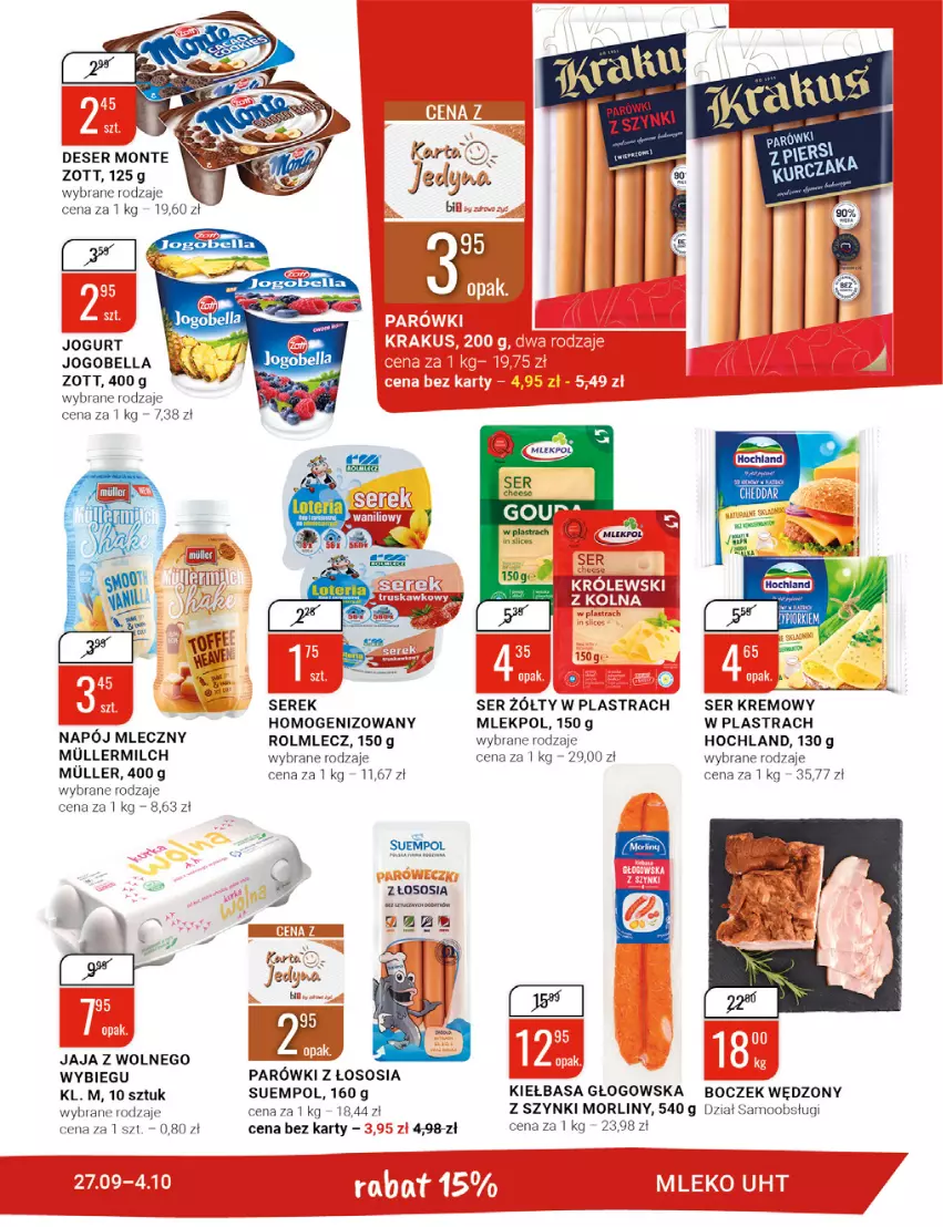 Gazetka promocyjna Bi1 - Uwaga mega paka - ważna 21.09 do 04.10.2022 - strona 17 - produkty: Bell, Bella, Boczek, Cheddar, Deser, Hochland, Jaja, Jogobella, Jogurt, Kiełbasa, Kiełbasa głogowska, Monte, Morliny, Napój, Napój mleczny, Parówki, Por, Rolmlecz, Ser, Serek, Sos, Suempol, Zott