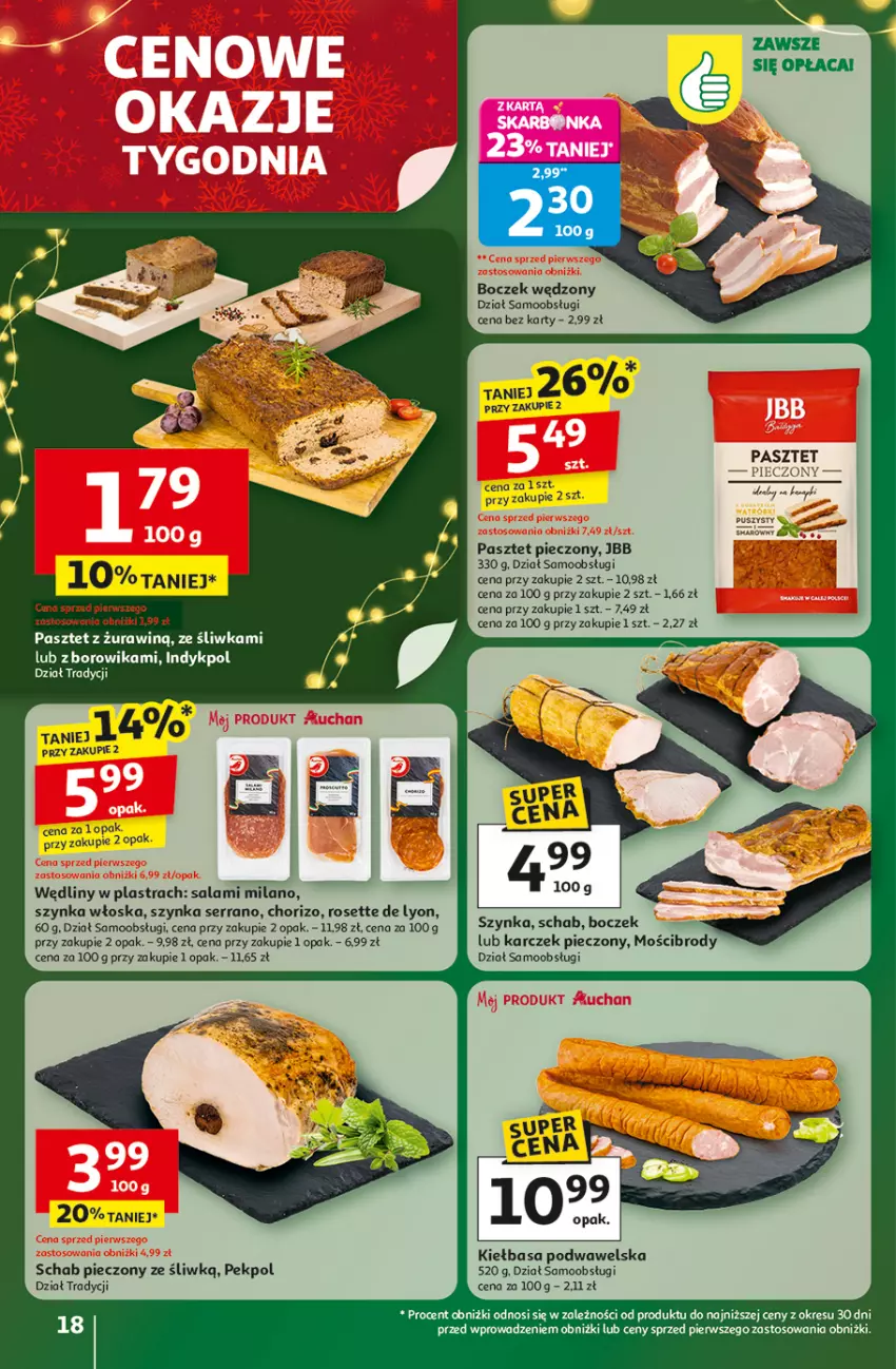Gazetka promocyjna Auchan - Gazetka Święta jak babcię kocham Hipermarket Auchan - ważna 11.12 do 17.12.2025 - strona 18 - produkty: Boczek, Kiełbasa, Kiełbasa podwawelska, Pasztet, Pekpol, Piec, Salami, Schab pieczony, Ser, Szynka, Wawel