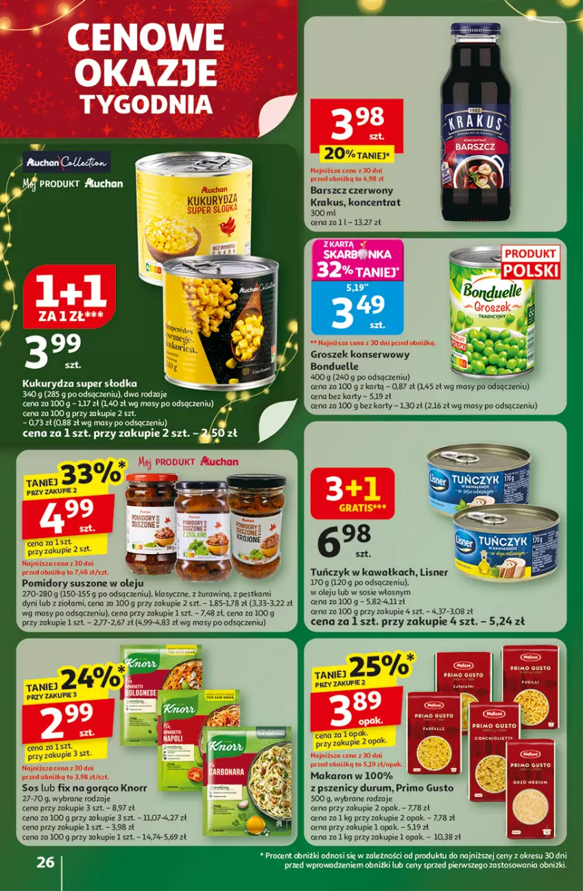 Gazetka promocyjna Auchan - Gazetka Święta jak babcię kocham Hipermarket Auchan - ważna 11.12 do 17.12.2025 - strona 26 - produkty: Bonduelle, Groszek, Kawa, Knorr, Krakus, Lisner, Makaron, Olej, Pomidory, Rum, Ser, Sos, Tuńczyk