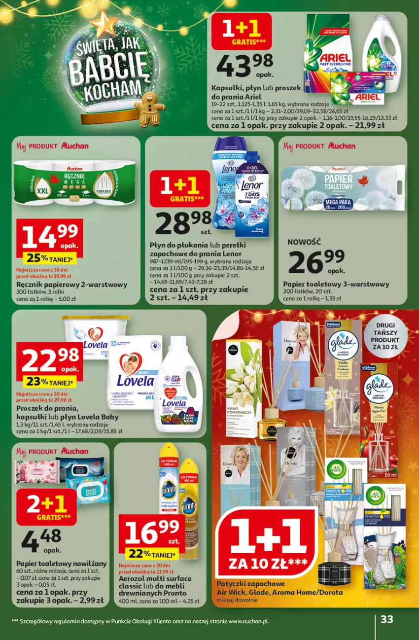 Gazetka promocyjna Auchan - Gazetka Święta jak babcię kocham Hipermarket Auchan - ważna 11.12 do 17.12.2025 - strona 33 - produkty: Air Wick, Ariel, Fa, Lenor, Lovela, Papier, Papier toaletowy, Perełki zapachowe, Płyn do płukania, Pronto, Proszek do prania, Ręcznik, Rolki, Surf