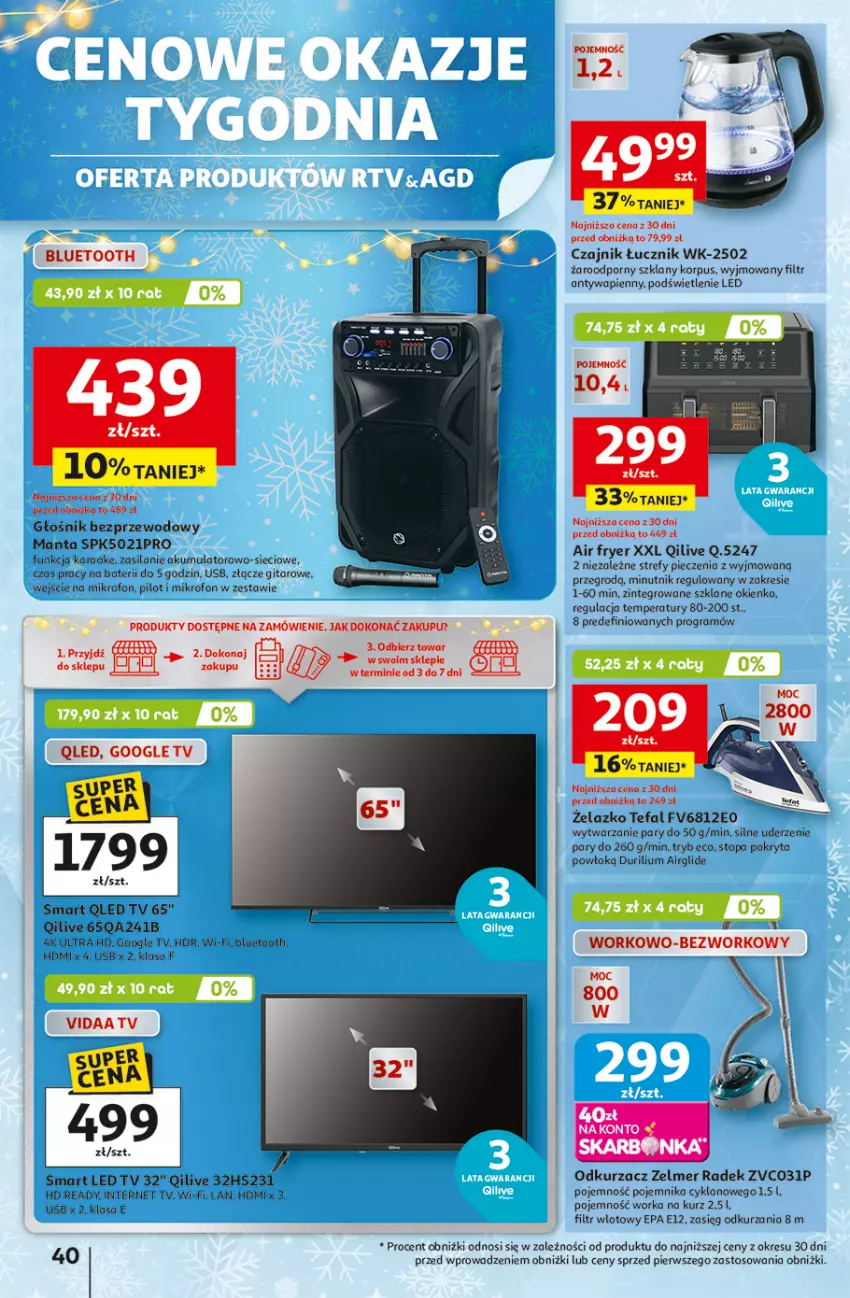 Gazetka promocyjna Auchan - Gazetka Święta jak babcię kocham Hipermarket Auchan - ważna 11.12 do 17.12.2025 - strona 40 - produkty: Akumulator, Czajnik, Fa, Głośnik, Gra, LED TV, Manta, Mikrofon, Odkurzacz, Piec, Pojemnik, Por, Silan, Tefal, Top, Warka, Zelmer