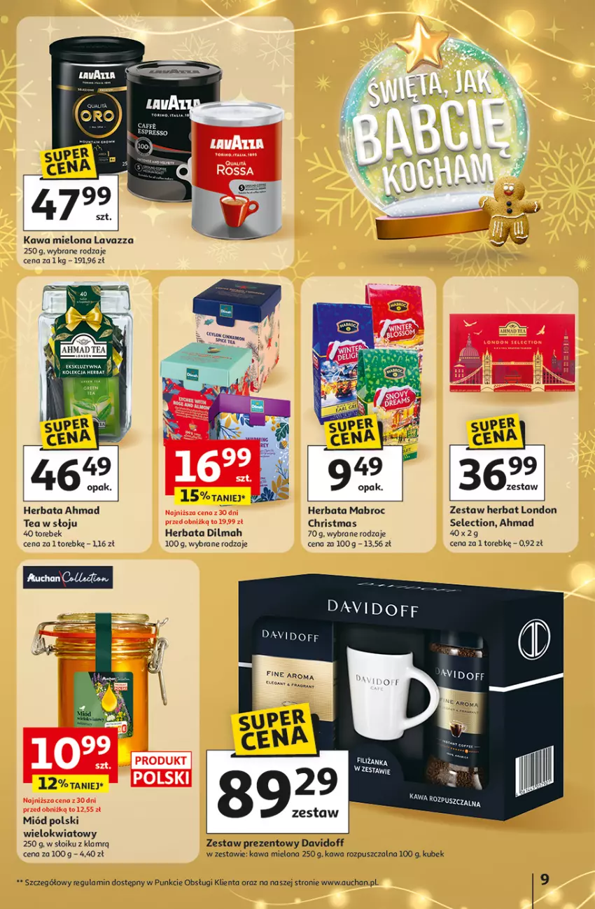 Gazetka promocyjna Auchan - Gazetka Święta jak babcię kocham Hipermarket Auchan - ważna 11.12 do 17.12.2025 - strona 9 - produkty: Davidoff, Dilmah, Herbata, Kawa, Kawa mielona, Kawa rozpuszczalna, Kubek, Lavazza, Miód, Zestaw prezentowy