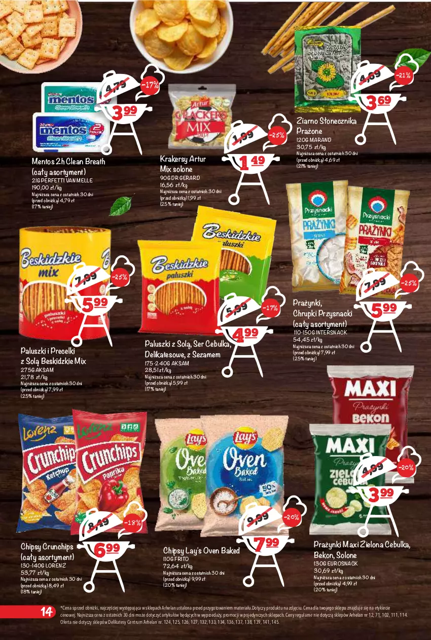 Gazetka promocyjna Arhelan - Gazetka - ważna 24.04 do 10.05.2026 - strona 14 - produkty: Aksam, Artur, Beko, Beskidzki, Chipsy, Chrupki, Crunchips, Dr Gerard, Krakersy, Lorenz, Mentos, Precelki, Przysnacki, Rum, Ser, Sezam