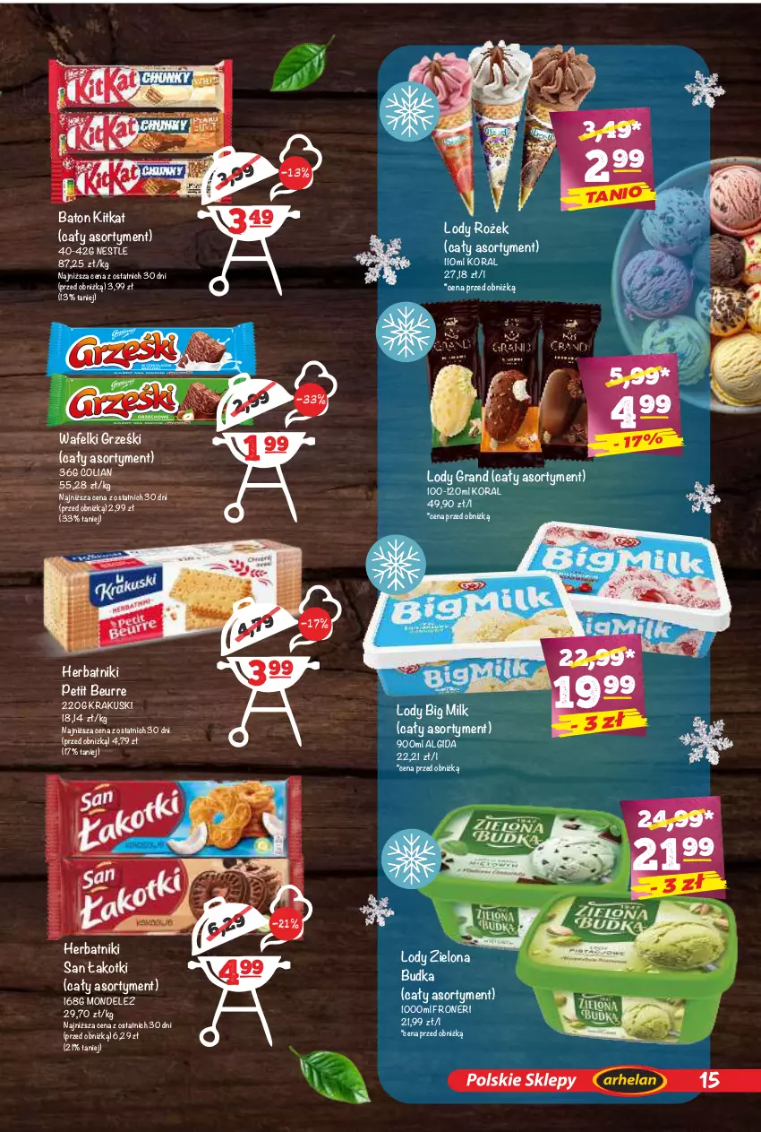 Gazetka promocyjna Arhelan - Gazetka - ważna 24.04 do 10.05.2026 - strona 15 - produkty: Algida, Baton, Big Milk, Gra, Grześki, Herbatniki, Herbatniki Petit Beurre, Krakus, Krakuski, LG, Lody, Zielona Budka