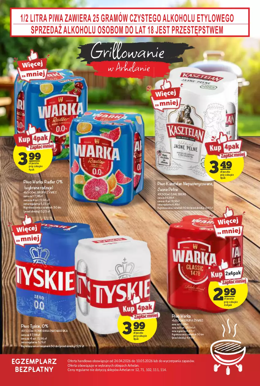 Gazetka promocyjna Arhelan - Gazetka - ważna 24.04 do 10.05.2026 - strona 20 - produkty: Carlsberg, Grill, Kasztelan, Piwo, Radler, Tyskie, Warka