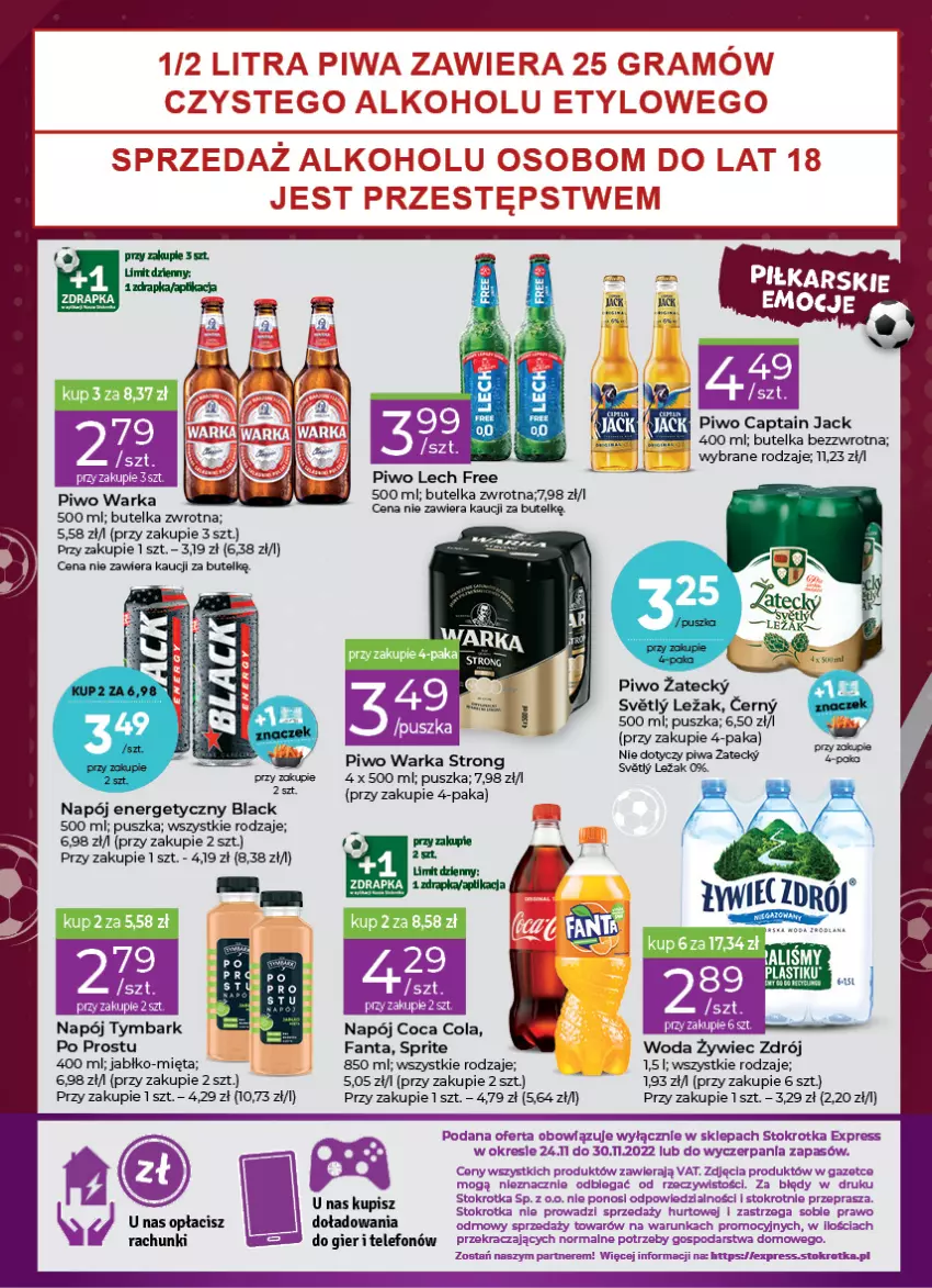 Gazetka promocyjna Stokrotka - Stokrotka Express - ważna 24.11 do 30.11.2022 - strona 4 - produkty: Captain Jack, Fa, Fanta, Gra, Lack, Mięta, Napój, Napój energetyczny, Piwa, Piwo, Sprite, Telefon, Warka, Woda