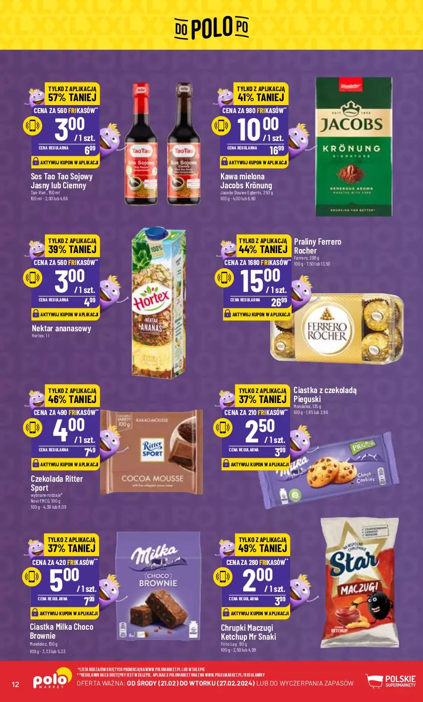 Gazetka promocyjna PoloMarket - Gazetka pomocyjna - ważna 21.02 do 27.02.2024 - strona 12 - produkty: Ananas, Brownie, Chrupki, Ciastka, Czekolada, Ferrero, Hortex, Jacobs, Jacobs Krönung, Kawa, Kawa mielona, Ketchup, Milka, Nektar, Olma, Por, Praliny, Ritter Sport, Sos, Sport