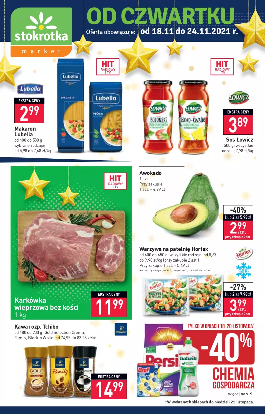 Gazetka promocyjna Stokrotka - Market - ważna 18.11 do 24.11.2021 - strona 1 - produkty: Bell, Bella, Fa, Gin, Hortex, Karkówka wieprzowa, Kawa, Lack, Lubella, Makaron, Sos, Tchibo, Top, Warzywa