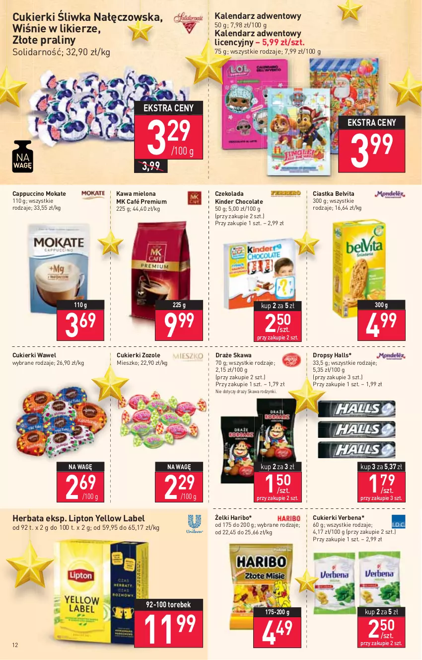 Gazetka promocyjna Stokrotka - Market - ważna 18.11 do 24.11.2021 - strona 12 - produkty: BelVita, Cappuccino, Ciastka, Cukier, Cukierki, Czekolada, Halls, Haribo, Herbata, Kalendarz, Kalendarz adwentowy, Kawa, Kawa mielona, Kinder, Likier, Lipton, Praliny, Rodzynki, Wawel