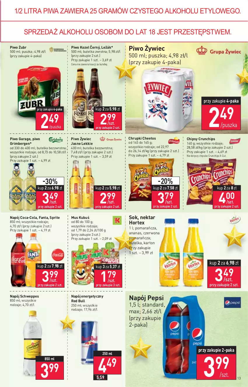 Gazetka promocyjna Stokrotka - Market - ważna 18.11 do 24.11.2021 - strona 13 - produkty: Ananas, Cheetos, Chipsy, Chrupki, Coca-Cola, Crunchips, Fa, Fanta, Gra, Hortex, Kozel, Kubuś, Mus, Napój, Napój energetyczny, Nektar, Pepsi, Piwa, Piwo, Red Bull, Schweppes, Sok, Sprite