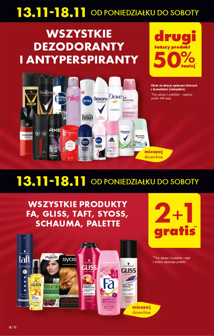 Gazetka promocyjna Biedronka - Od poniedzialku - ważna 13.11 do 18.11.2023 - strona 16 - produkty: Antyperspirant, Dezodorant, Fa, Palette, Schauma, Syoss, Taft