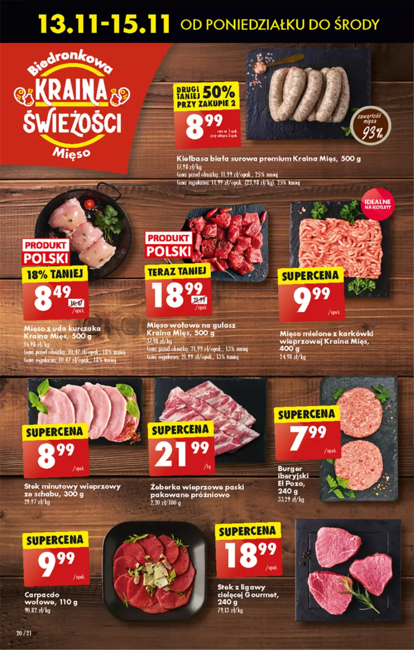 Gazetka promocyjna Biedronka - Od poniedzialku - ważna 13.11 do 18.11.2023 - strona 26 - produkty: Carpaccio, Kiełbasa, Kiełbasa biała, Mięso, Mięso mielone, Stek, Tera